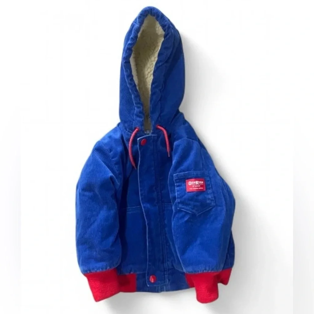 Vintage OshKosh Blue Corduroy Hooded Jacket Sherpa Lined Toddler 3T Cozy